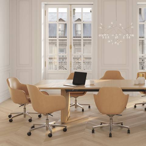 JD Conference Table and JD Credenza by DatesWeiser in White Oak with Saiba Chairs in Bristol Leather in Conference Room.