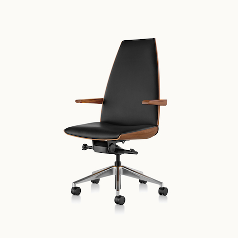 Angled view of a high-back Clamshell office chair with arms and black leather upholstery.