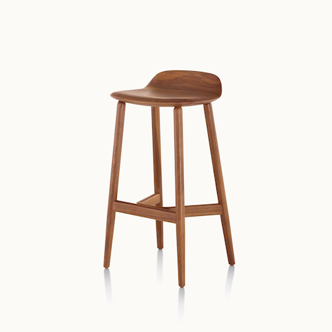 Angled view of a wood Crosshatch Stool with a medium finish. Select to go to the Crosshatch Stool product page.