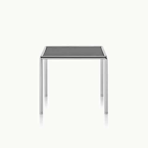 A square Full Round side table with a black wood top and tubular metal frame.