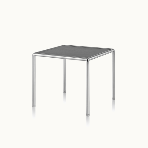 Angled view of a square Full Round side table with a black top and tubular metal frame. Select to go to the Full Round Tables product page.