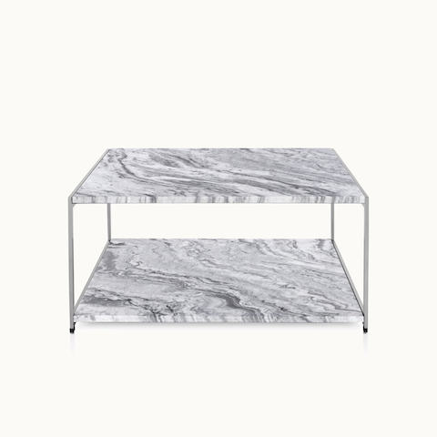 An H Frame coffee table with a metal frame and stone upper and lower surfaces.