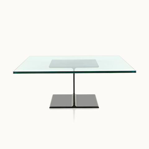 A square I Beam coffee table with a glass top and black cast-aluminum pedestal.