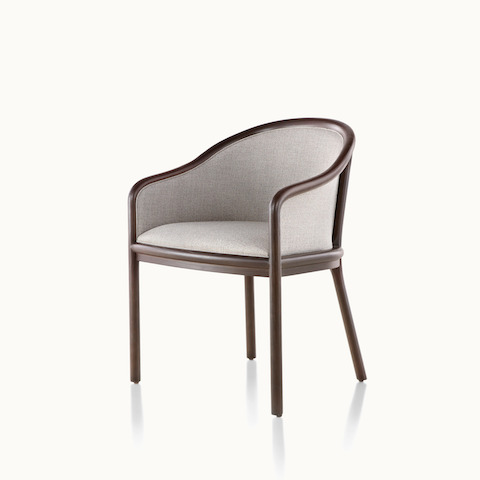 Angled view of a Landmark side chair with light gray French upholstery and a dark wood frame. Select to go to the Landmark Chair product page.