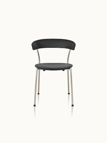 A Leeway side chair with a metal frame and a black polyurethane backrest and seat, viewed from the front.
