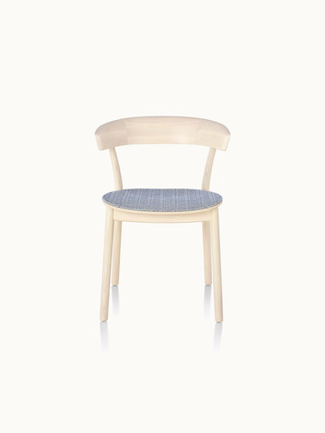 A wood Leeway side chair with a light finish and a seat upholstered in blue fabric, viewed from the front.