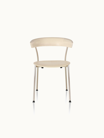 A Leeway side chair with a metal frame and a wood backrest and seat in a light finish, viewed from the front.