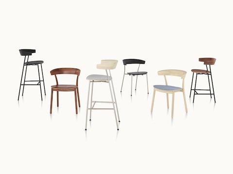 Three Leeway side chairs and three Leeway Stools in various materials and finishes.