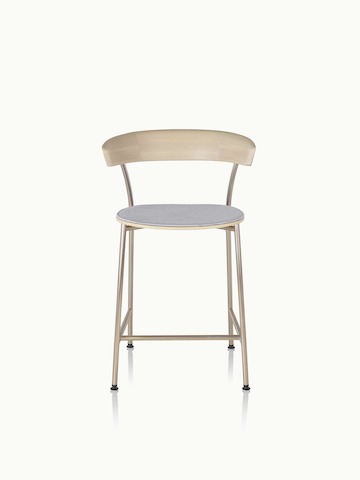 A counter-height Leeway Stool with a metal frame, wood backrest, and upholstered seat in light gray fabric, viewed from the front.