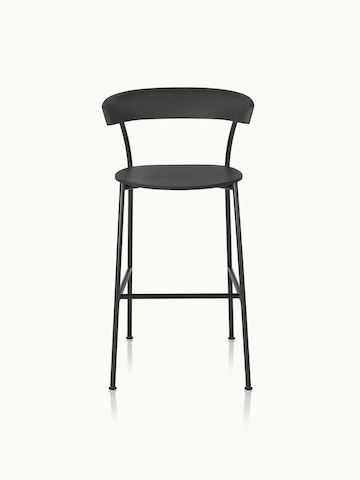 A bar-height Leeway Stool with a black metal frame and a black polyurethane backrest and seat, viewed from the front.