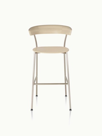 A bar-height Leeway Stool with a metal frame and a wood backrest and seat in a light finish, viewed from the front.