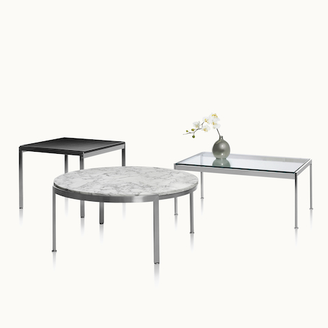 Three Metal Series occasional tables, including square, round, and rectangular versions.