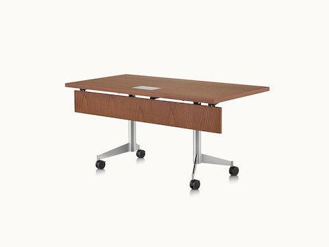 A rectangular MP Flex Table with a chocolate ash finish and silver base, viewed at an angle.