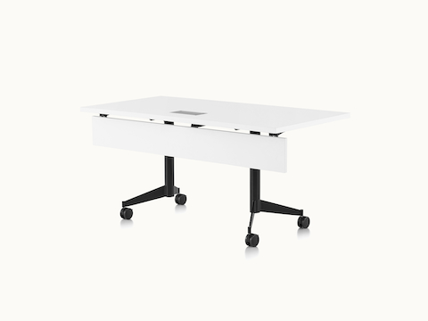 A rectangular MP Flex Table with a white laminate top and black base, viewed at an angle.