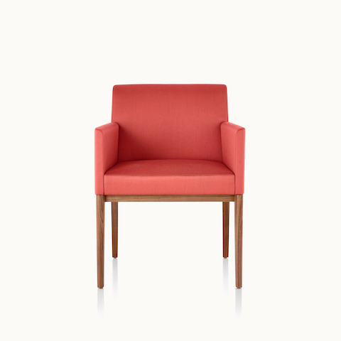 A Nessel side chair with wraparound arms, red upholstery, and a wood frame with a medium finish, viewed from the front.