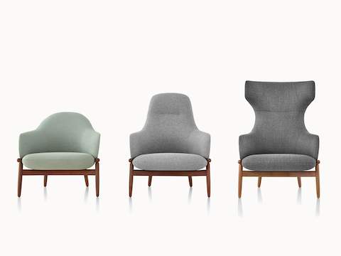 A light green Reframe mid-back lounge chair, a light gray high-back version, and a dark gray wing-back version, all viewed from the front.