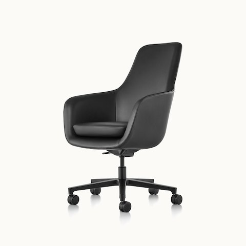 Angled view of a high-back Saiba office chair with black leather upholstery and a five-star base. Select to go to the Saiba Chair product page.