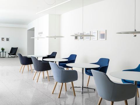 An informal meeting space featuring round Saiba occasional tables with Saiba Side Chairs upholstered in various shades of blue.