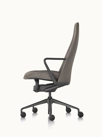 Side view of a Taper office chair upholstered in black fabric.
