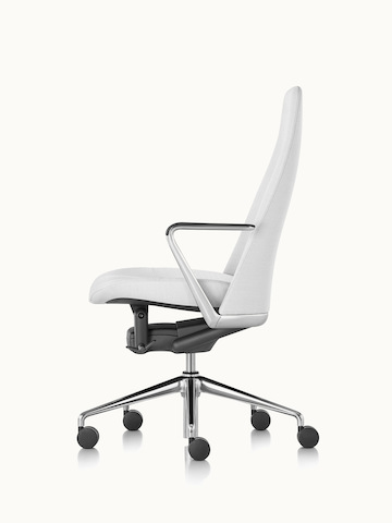 Side view of a Taper office chair upholstered in off-white fabric.