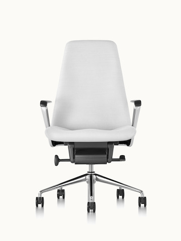 A Taper office chair upholstered in off-white fabric, viewed from the front.