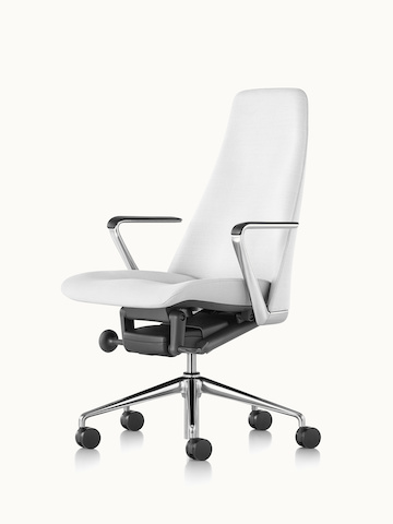 Angled view of a Taper office chair upholstered in off-white fabric.
