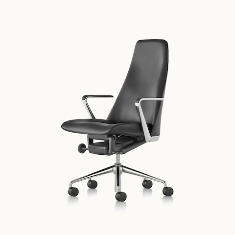Angled view of a Taper office chair with black leather upholstery. Select to go to the Taper Chair product page.