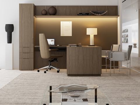 A Geiger One Private Office in Natural Flat Cut Walnut with a Clamshell Office Chair and Envelope Guest Chairs viewed from the side.