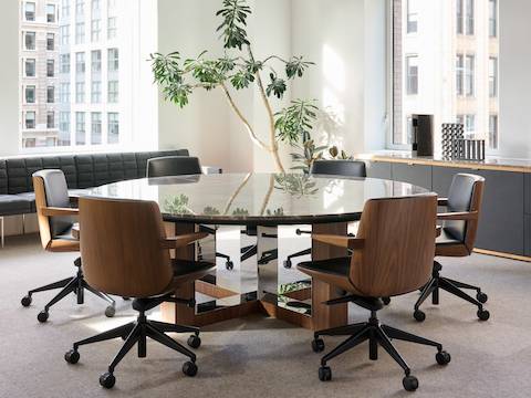 Highline Fifty Meeting Table with Clamshell Chairs in a meeting room setting with Tuxedo Component Benching and a Highline Credenza.