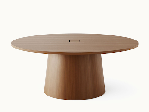 JD Meeting Table by DatesWeiser with round top and round tapered base in natural quarter cut walnut shown front-facing on a white sweep.