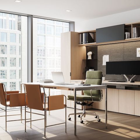 Geiger One Private office in RecoGrain Frosty Ash, with Domino Credenza, Eames Soft Pad and Envelope Guest Chairs.