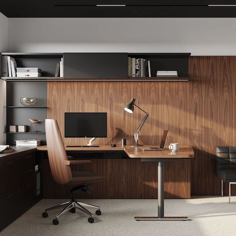 Geiger One Private Office in Natural Walnut with Clamshell Chair and Tuxedo benching.