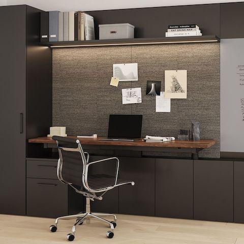 Geiger One Private Office in Black TFL and Solid Walnut desk with Eames Aluminum Group chair.