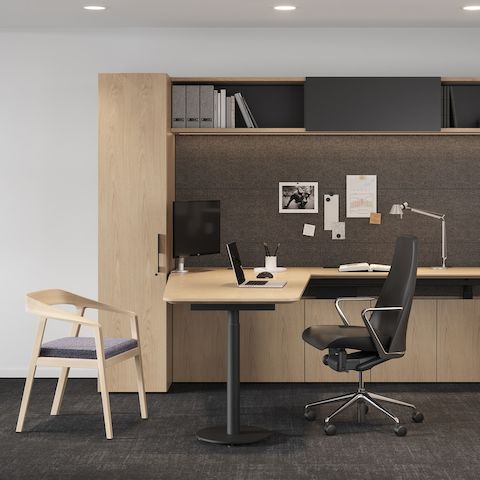 Geiger One Private Office in Natural Oak with Taper Chair and Full Twist seating.