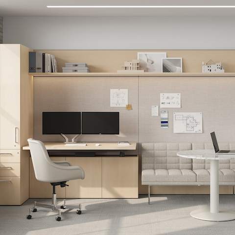 Geiger One Private Office in Clear Ash with Bumper Office Chair and Axon Table, Tuxedo Bench and Envelope Guest Chair in meeting area.