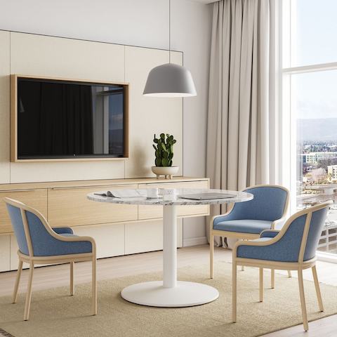 Geiger One Meeting and Huddle Room in Rima Oak with Axon Meeting Table and Landmark Chairs.