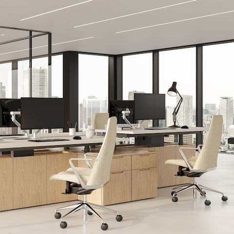 Geiger One Open Plan Workstation in Natural Oak with Taper Chairs.