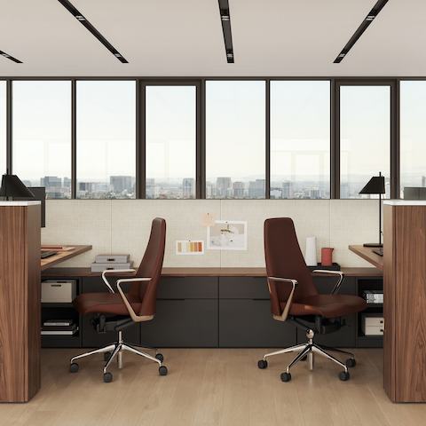 Geiger One Open Plan Workstations in Natural Walnut with Taper Chairs.