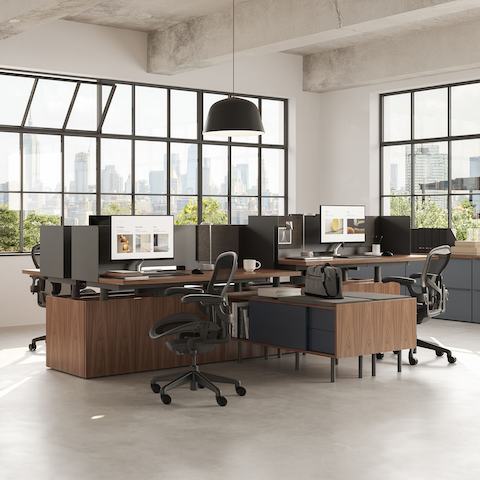 Geiger One Open Plan Workstations in Natural Walnut with Aeron Chairs