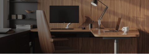 Geiger One Private Office in Natural Walnut with Clamshell Chair and Tuxedo benching.