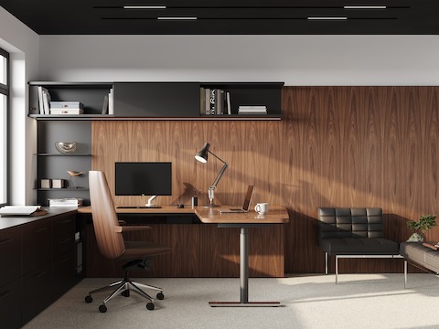 Geiger One Private Office in Natural Walnut with Clamshell Chair and Tuxedo benching.