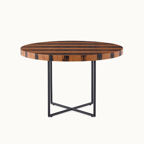 A Domino Table with a wood top and metal base.
