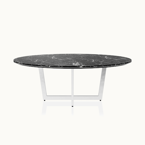 Elliptical-shaped Highline Meeting Table by DatesWeiser in Nero Marquina Honed Marble with a Polished Chrome base viewed from the front.