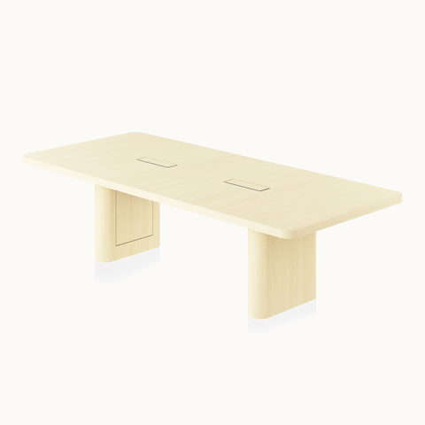 Rectangular JD Conference Table by DatesWeiser in White Quarter Cut Ash with 2 inch thick tabletop and racetrack-shaped bases viewed from a 45 degree angle.