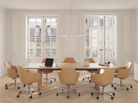 JD Conference Table and JD Credenza by DatesWeiser in White Oak with Saiba Chairs in Bristol Leather in Conference Room.