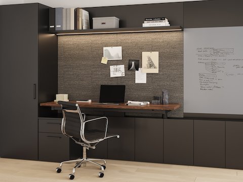 Geiger One Private Office, Rendering PO3, in Black TFL and Solid Walnut desk with Eames Aluminum Group.