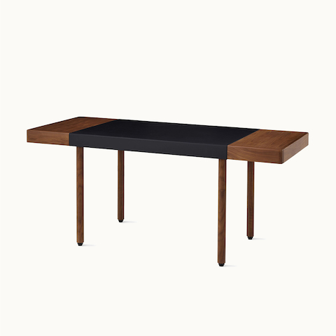 Leatherwrap Sit-to-Stand Desk in Walnut and Black Leather, two drawers, angled view.