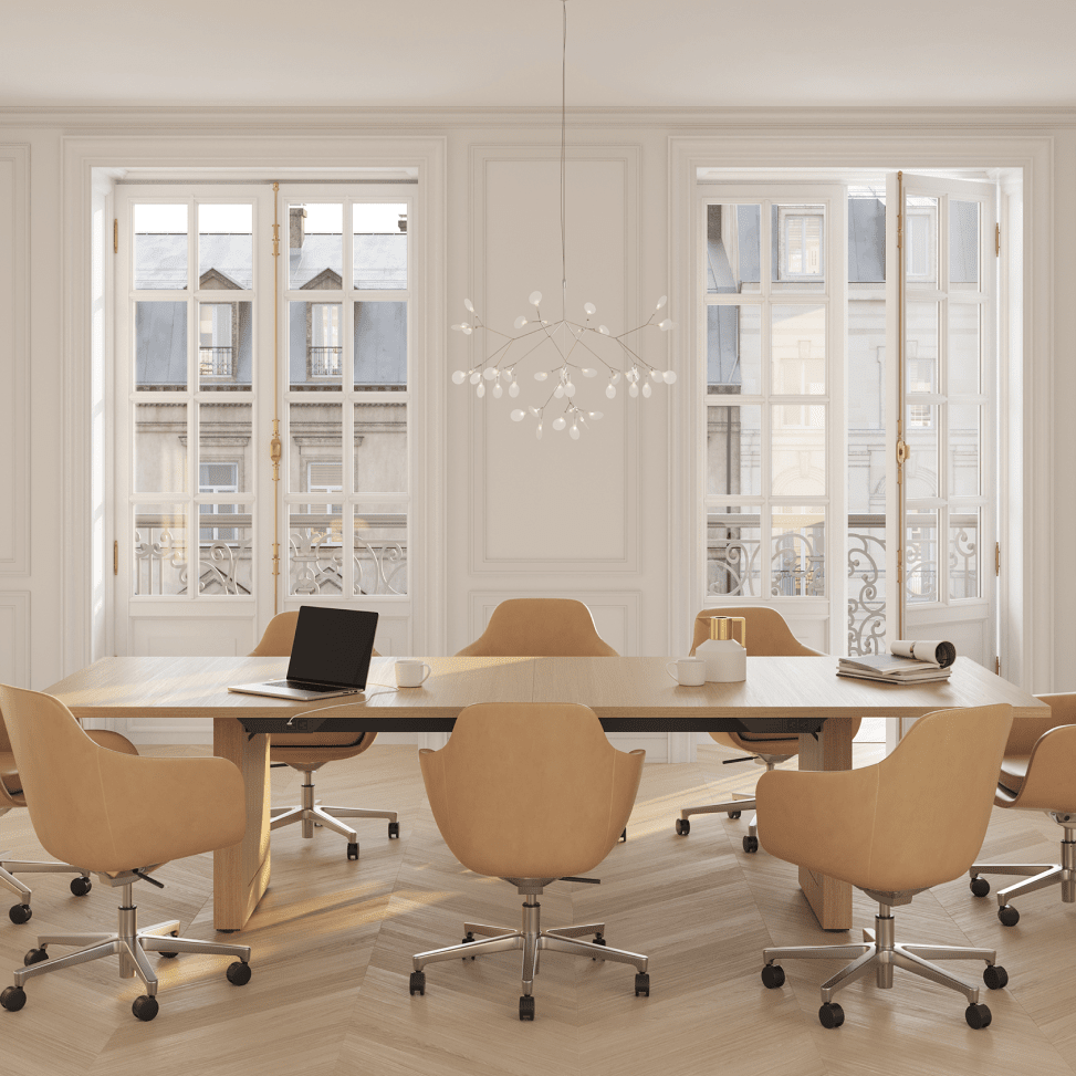 JD Conference Table and JD Credenza by DatesWeiser in White Oak with Saiba Chairs in Bristol Leather in Conference Room.