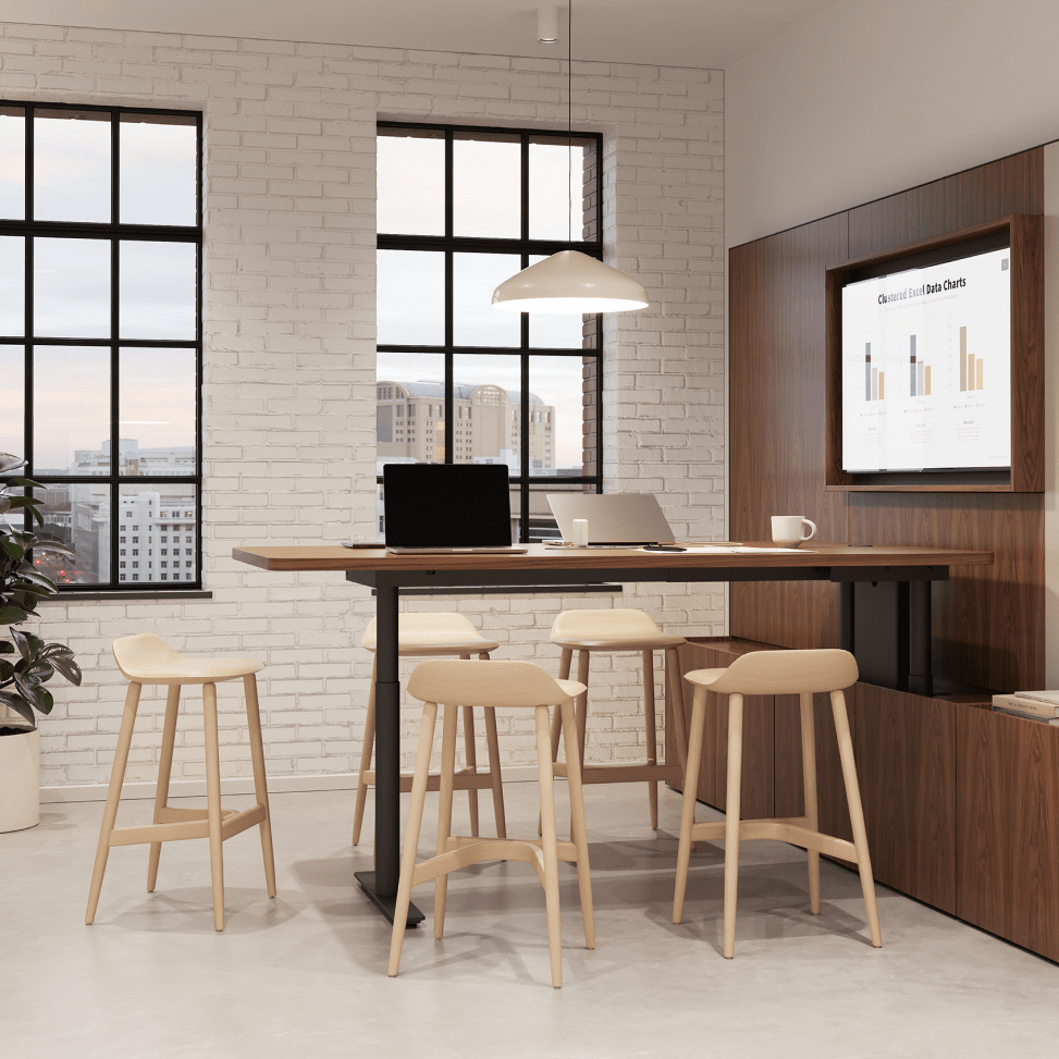 Geiger One Meeting and Huddle Room in Natural Walnut with Crosshatch Stools.