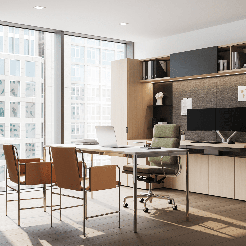 Geiger One Private office, Rendering PO1, in RecoGrain Frosty Ash, with Domino Credenza, Eames Soft Pad and Envelope Guest Chairs.